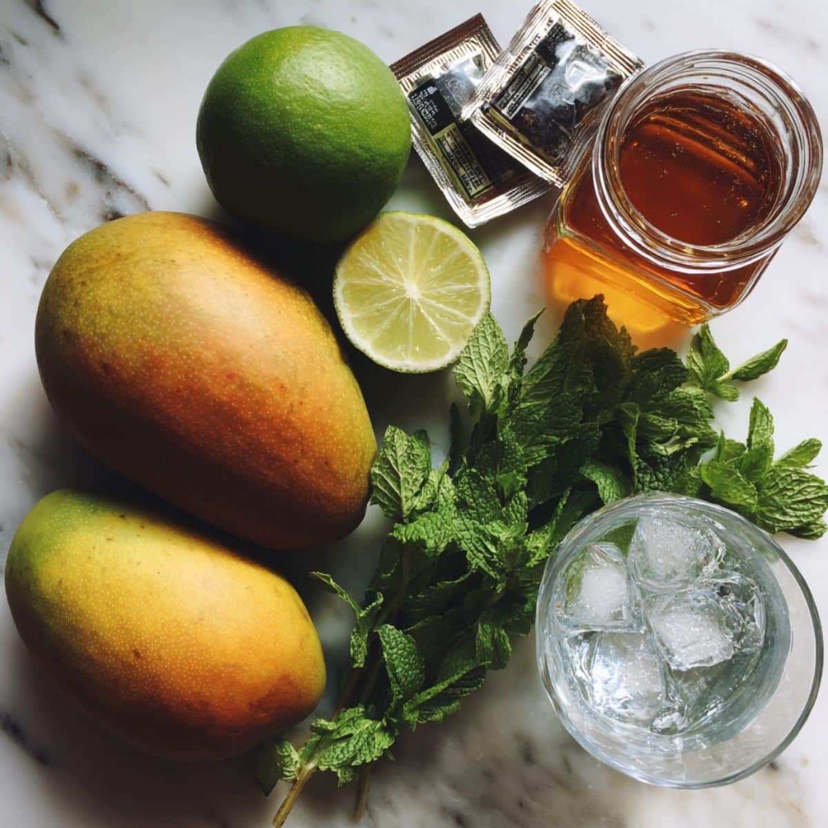 All ingredients for mango iced tea laid out on a white kitchen counter. Includes fresh mango, tea, honey, and lime.