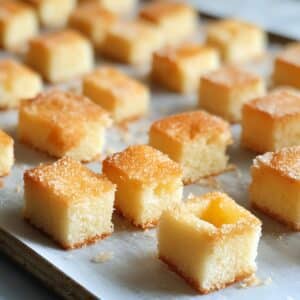 Cubed pound cake air drying on a baking tray. Rustic cake base for homemade peach trifle.