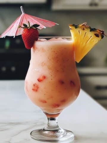 Naturally pink strawberry piña colada served in a glass with fruit garnish. Homemade tropical drink on white kitchen counter.