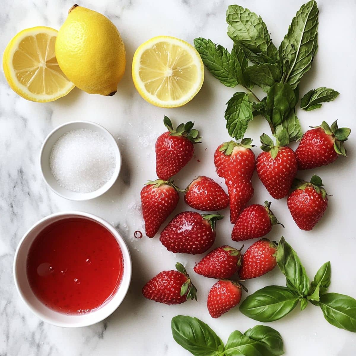 strawberry sorbet ingredients spread on a white kitchen counter. Includes berries, lemon, sugar, herbs, and water in casual kitchen prep.