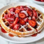 Golden Belgian waffle topped with glossy sliced strawberries, strawberry syrup, and powdered sugar. Homemade and served on a white plate.