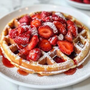Golden Belgian waffle topped with glossy sliced strawberries, strawberry syrup, and powdered sugar. Homemade and served on a white plate.