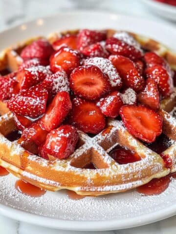 Golden Belgian waffle topped with glossy sliced strawberries, strawberry syrup, and powdered sugar. Homemade and served on a white plate.
