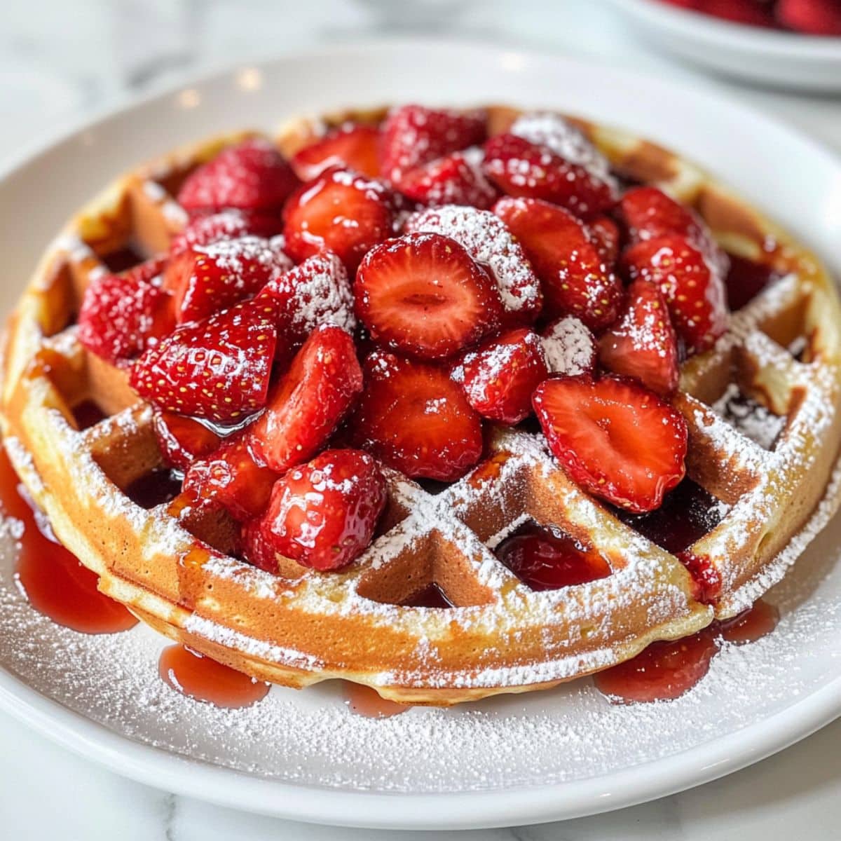 Golden Belgian strawberry waffles topped with glossy sliced strawberries, strawberry syrup, and powdered sugar. Homemade and served on a white plate.