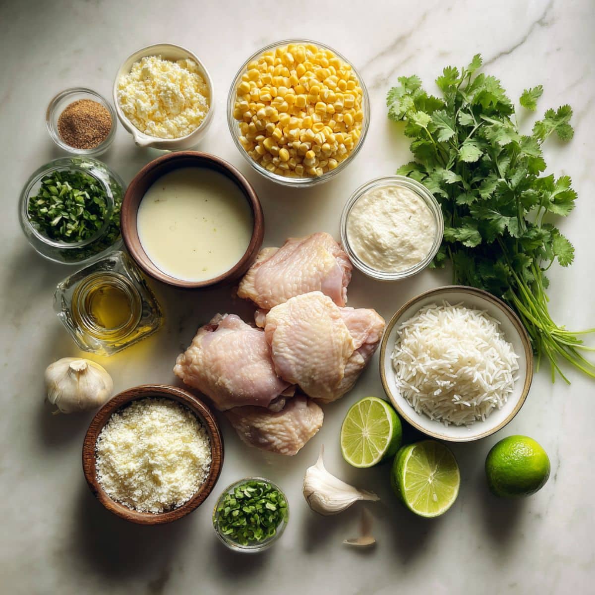 Top-down view of ingredients for street corn chicken bowl including corn, chicken, rice, spices, and crema.