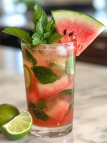 Homemade watermelon mojito with mint and lime on a white counter. Real summer drink shot from above in natural lighting.