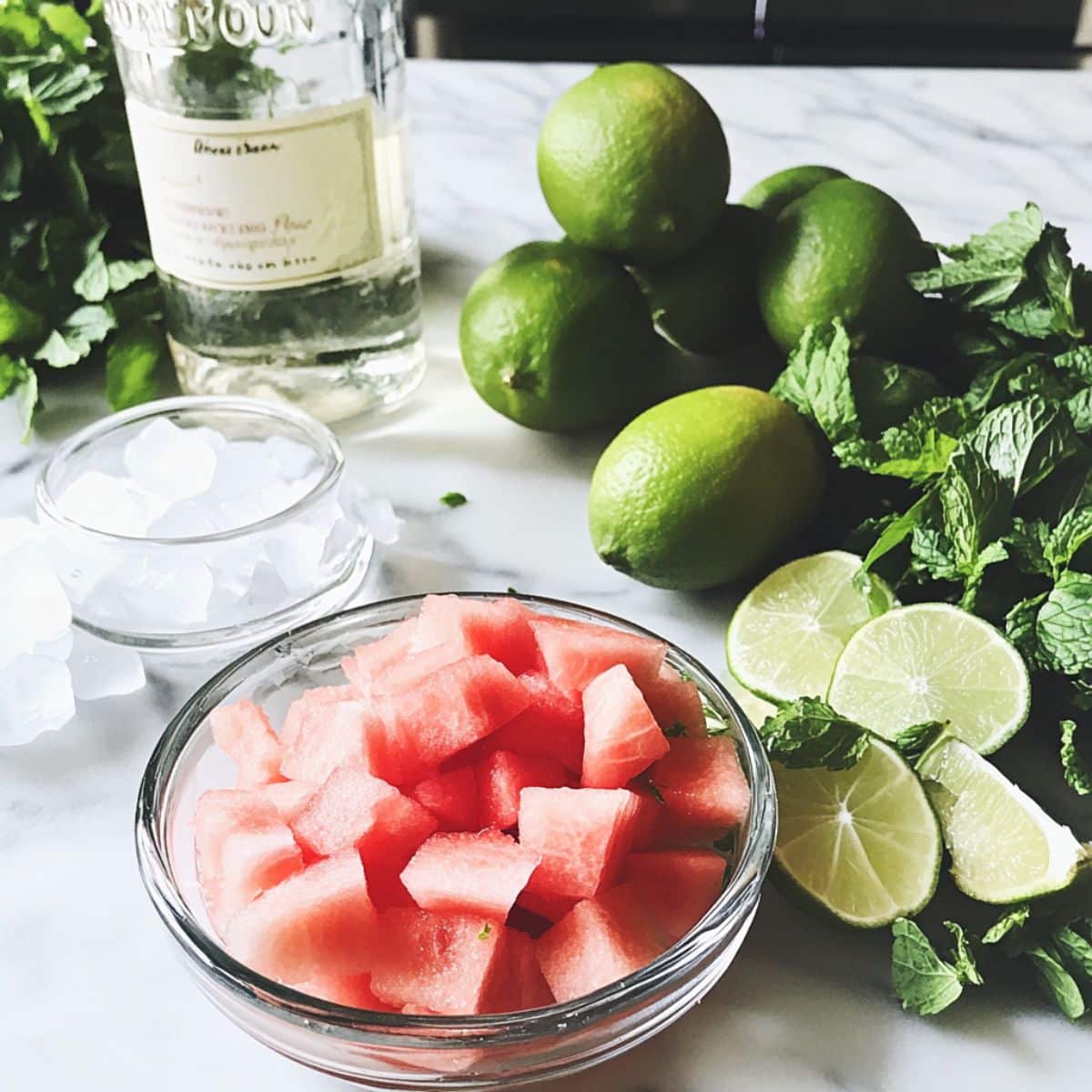 Top view of real watermelon mojito ingredients on a white counter. Includes mint, lime, watermelon, soda, and rum.