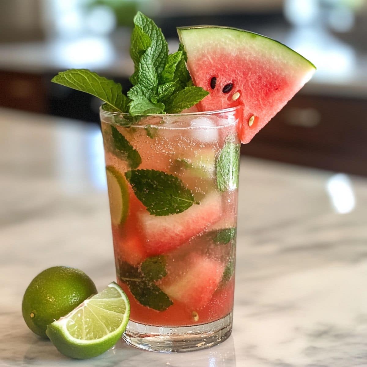 Homemade watermelon mojito with mint and lime on a white counter. Real summer drink shot from above in natural lighting.