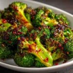 Close-up of oven-roasted Alton Brown broccoli tossed in garlic chili oil – crispy edges, vibrant green florets, and spicy red pepper flakes for a bold, smoky side dish.