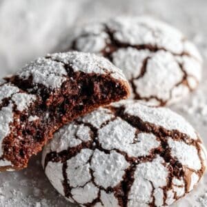 Homemade chocolate crinkle cookies with white powdered sugar cracks, one bitten showing fudgy interior Three chocolate crinkle cookies on parchment paper displaying perfect cracking and brownie-like texture
