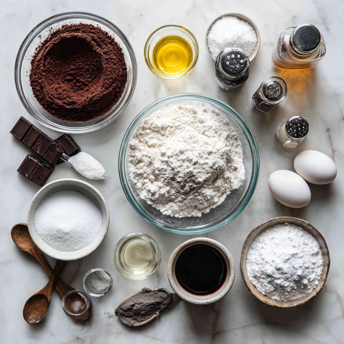 All ingredients for chocolate crinkle cookies arranged on white kitchen counter Baking ingredients including cocoa powder, flour, eggs, and powdered sugar for coating