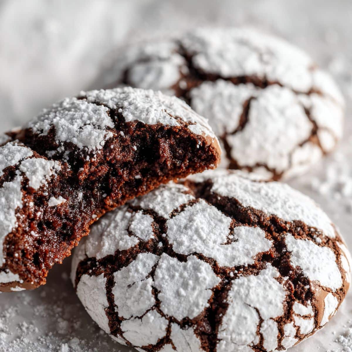 Homemade chocolate crinkle cookies with white powdered sugar cracks, one bitten showing fudgy interior Three chocolate crinkle cookies on parchment paper displaying perfect cracking and brownie-like texture