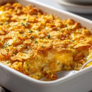 Homemade yellow squash casserole with golden cheese and cracker topping in baking dish.