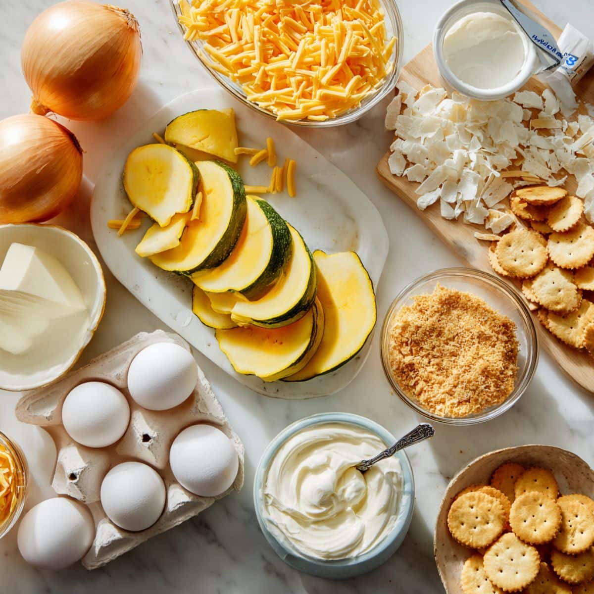 Fresh ingredients for Southern squash casserole including yellow squash and Ritz crackers.