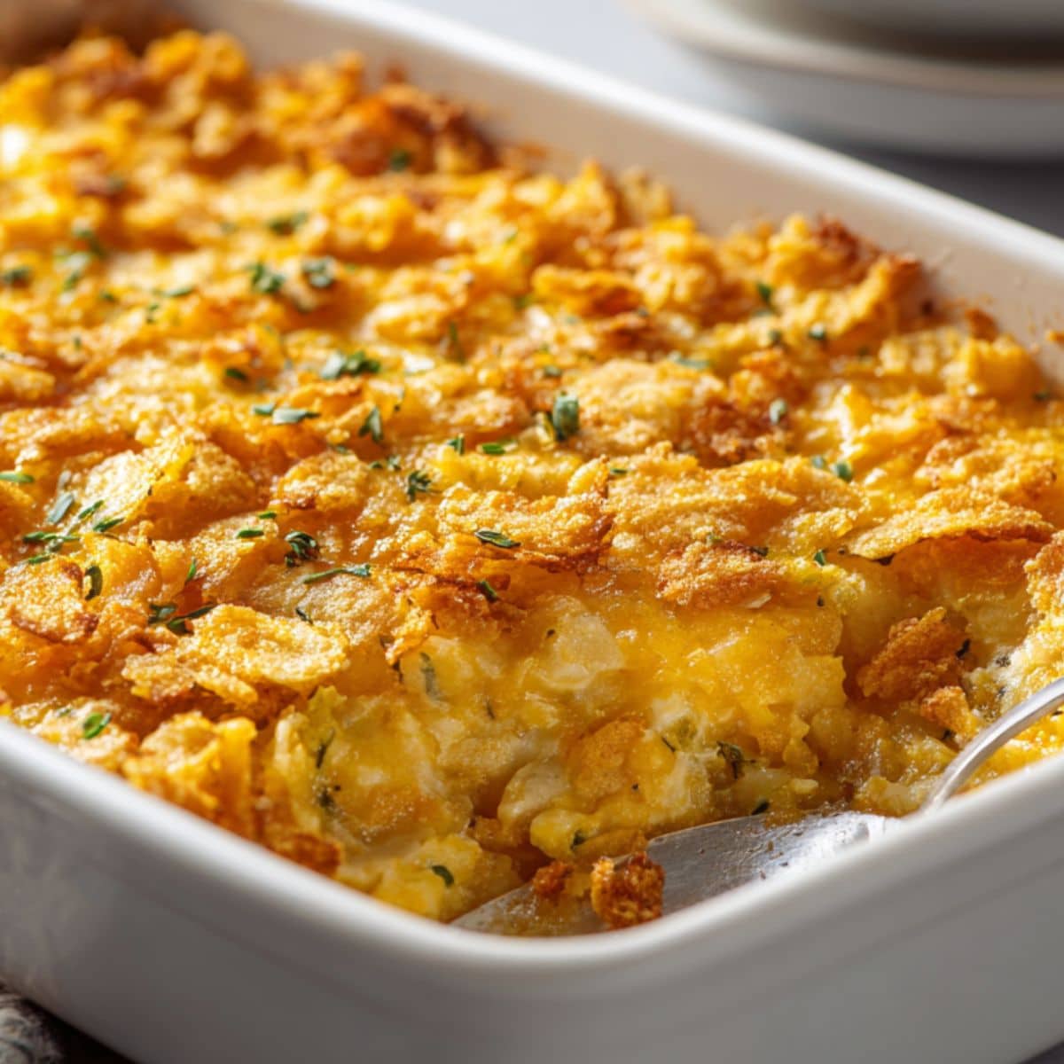 Homemade yellow squash casserole with golden cheese and cracker topping in baking dish.