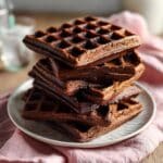 Overhead shot of thick, fudgy brownie waffles stacked on a vintage dessert plate, with crisp waffle edges and rich chocolate texture, styled on a rustic table with a pastel napkin for a cozy homemade look.