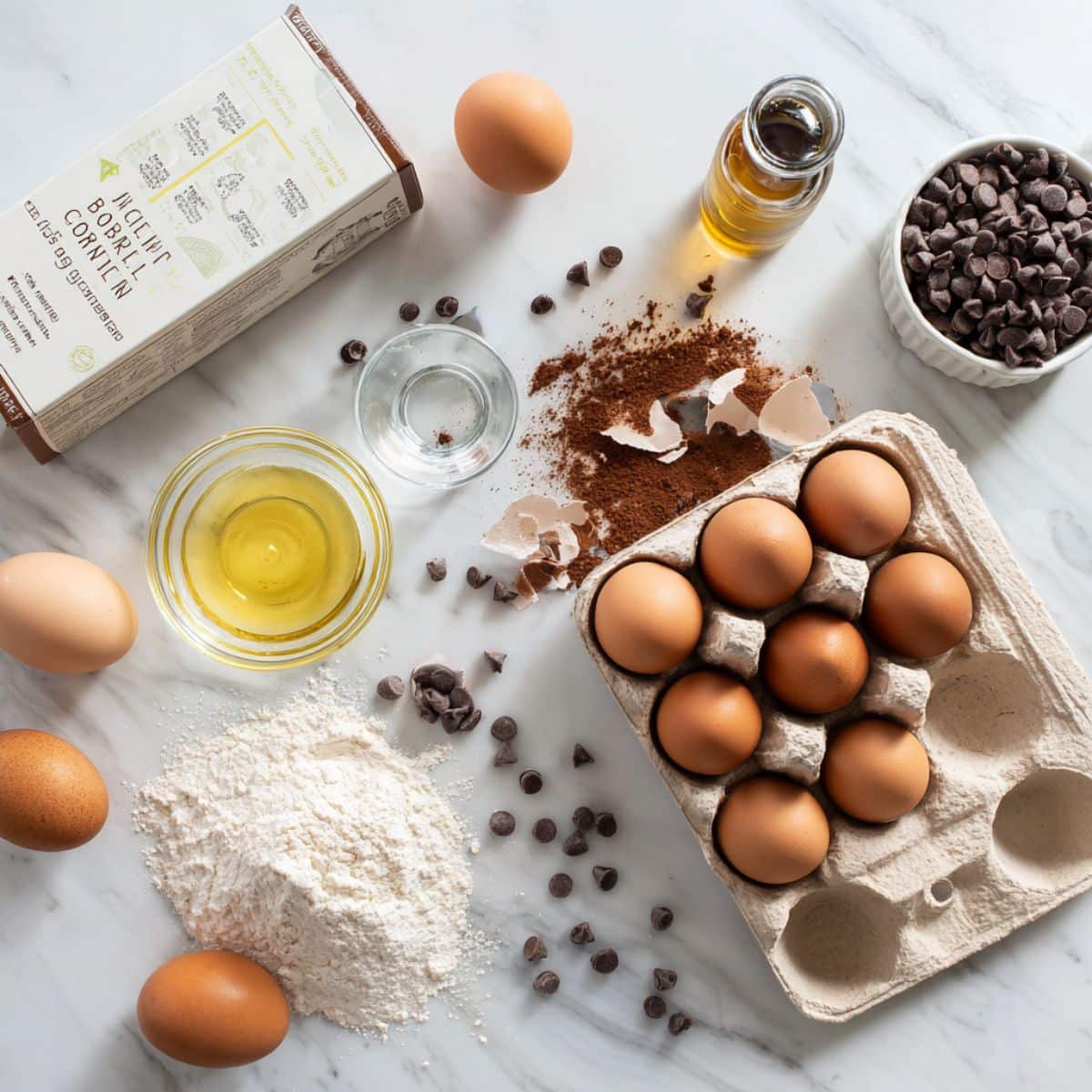 Simple brownie waffle ingredients including brownie mix, eggs, and chocolate chips on kitchen counter.