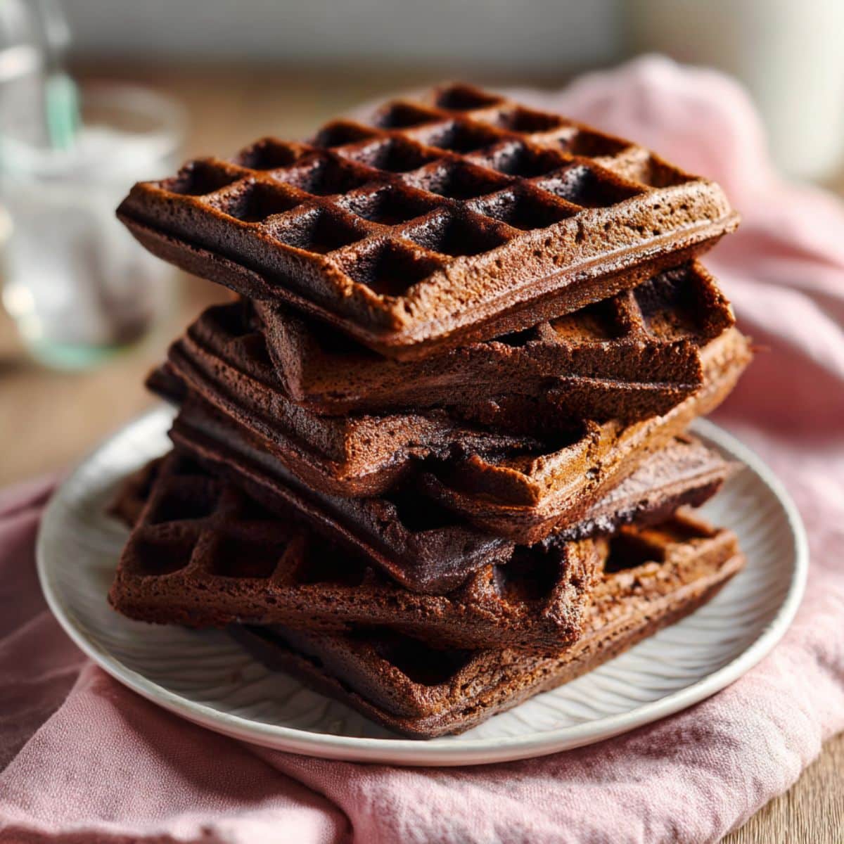 Overhead shot of thick, fudgy brownie waffles stacked on a vintage dessert plate, with crisp waffle edges and rich chocolate texture, styled on a rustic table with a pastel napkin for a cozy homemade look.