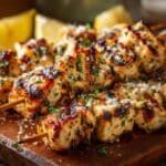 Close-up of juicy grilled chicken skewers topped with melted parmesan, garlic butter, and fresh parsley, served on a wooden board with golden char marks and vibrant color for a homemade summer cookout feel.