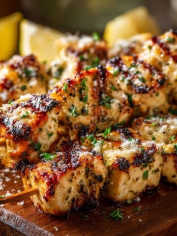 Close-up of juicy grilled chicken skewers topped with melted parmesan, garlic butter, and fresh parsley, served on a wooden board with golden char marks and vibrant color for a homemade summer cookout feel.