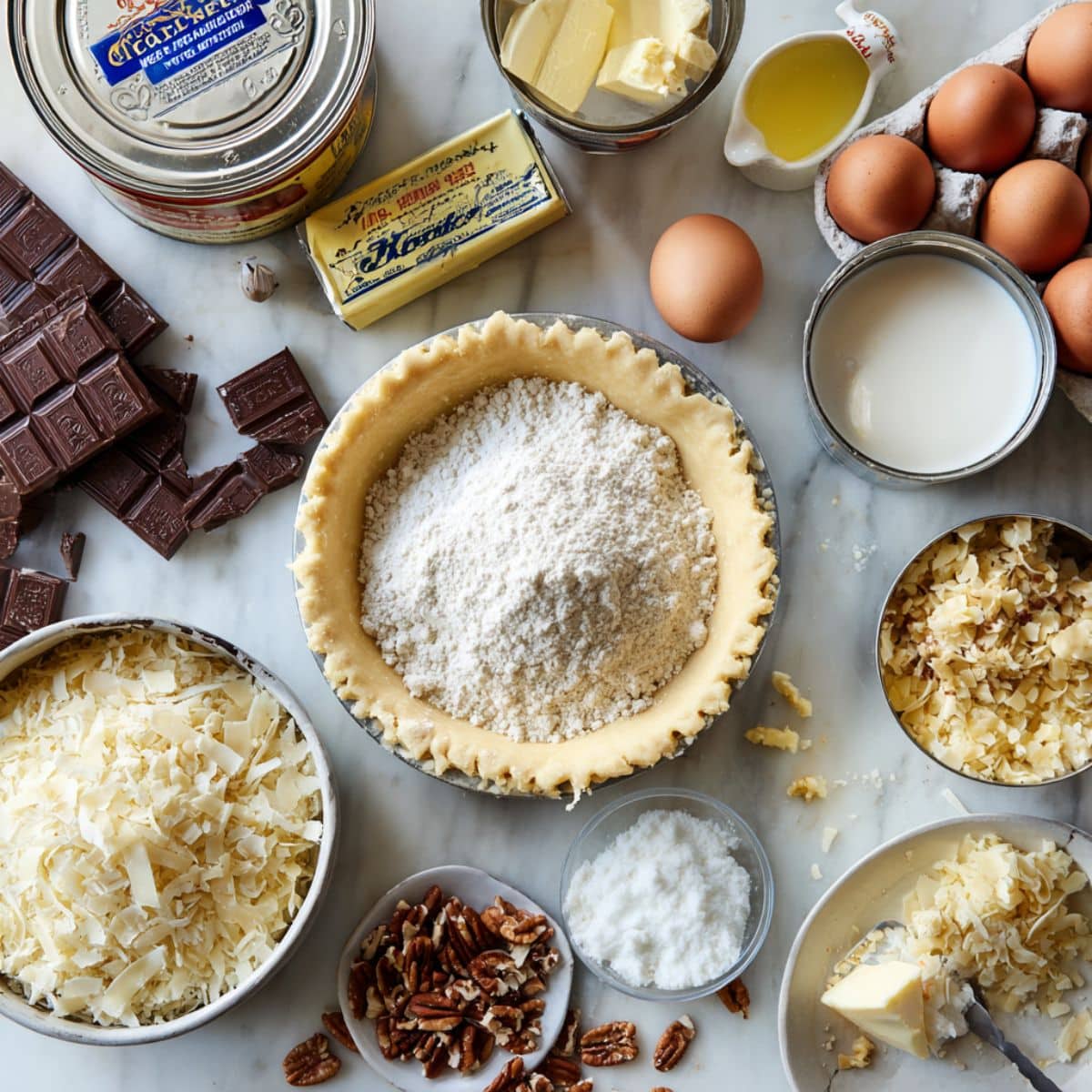 Flat lay of German chocolate pie ingredients on white kitchen counter. Includes sweet chocolate, coconut, pecans, pie crust, and more.