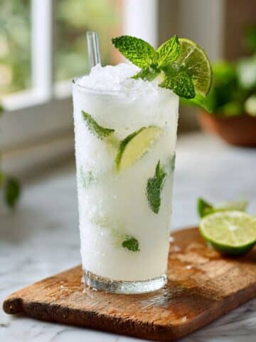 tall clear glass filled with creamy white coconut mojito, thin slices of lime floating inside, topped with crushed ice, a fresh mint sprig and lime wedge on the rim,