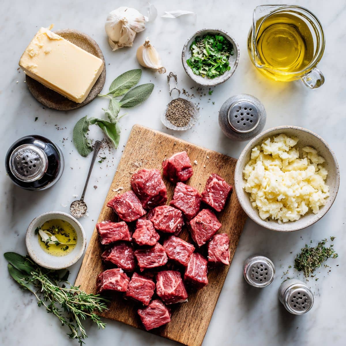 Raw steak cubes and garlic butter steak bites ingredients arranged on white kitchen counter with seasonings.