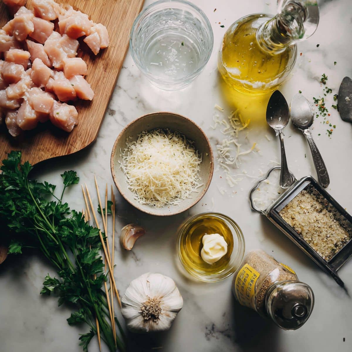 Raw chicken cubes and garlic parmesan coating ingredients for chicken skewers on kitchen counter with wooden skewers.