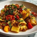 Italian drunken noodles with wide pasta ribbons, spicy sausage, cherry tomatoes, and fresh basil in a rich garlic-wine sauce.