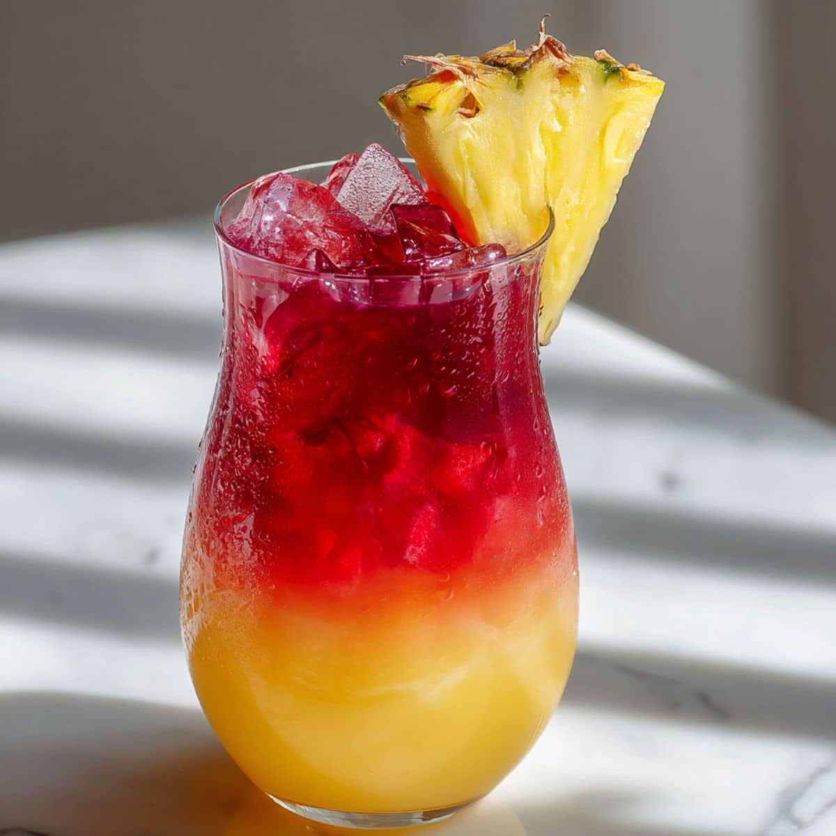 Refreshing Malibu Bay Breeze cocktail in a curvy glass on a white marble counter, showcasing vibrant layers of pineapple yellow and cranberry red, topped with crushed ice and garnished with a fresh pineapple wedge; condensation on the glass enhances the tropical, summery appeal.