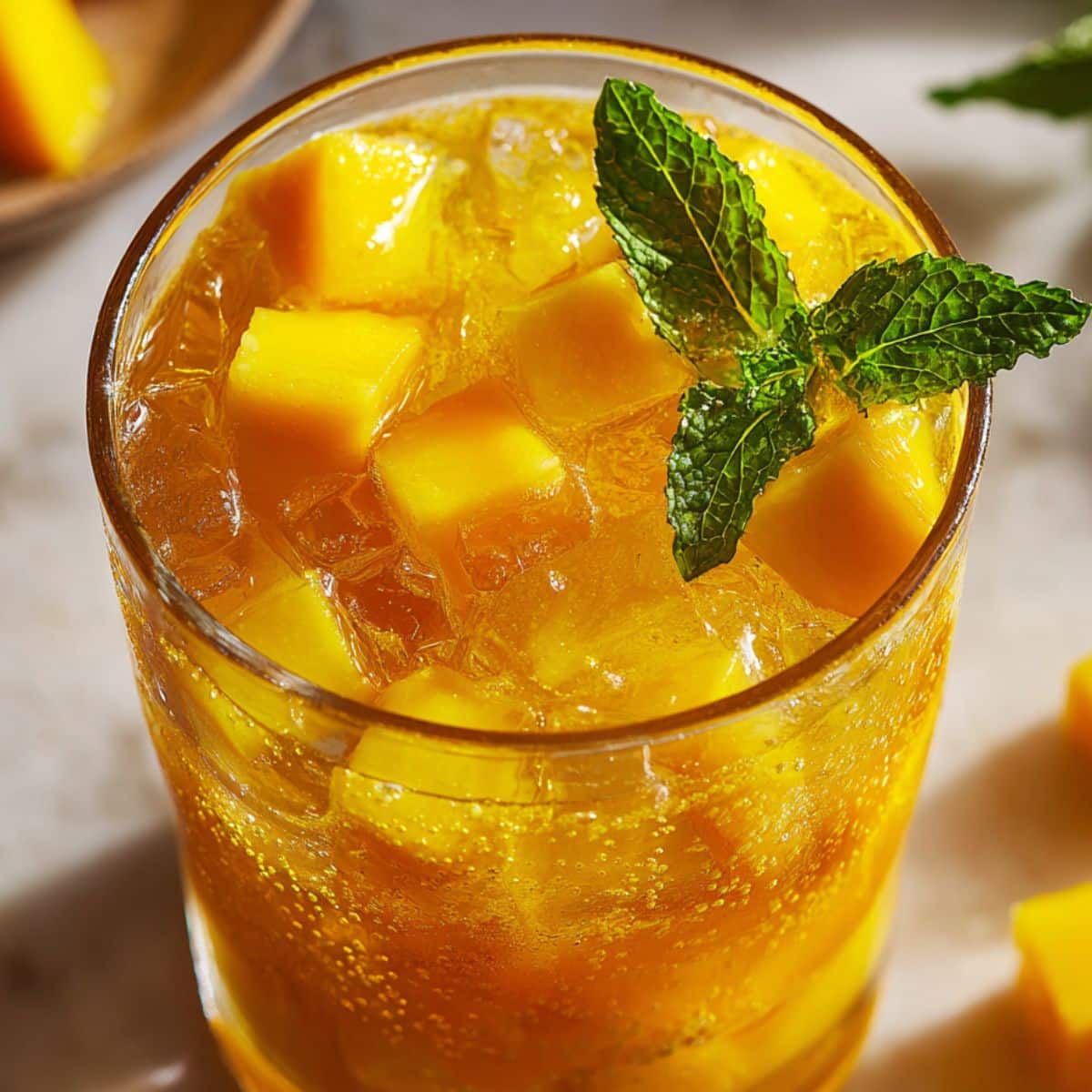Vibrant mango iced tea served in a clear glass with ice cubes, fresh mango chunks, and a mint sprig garnish on top.
