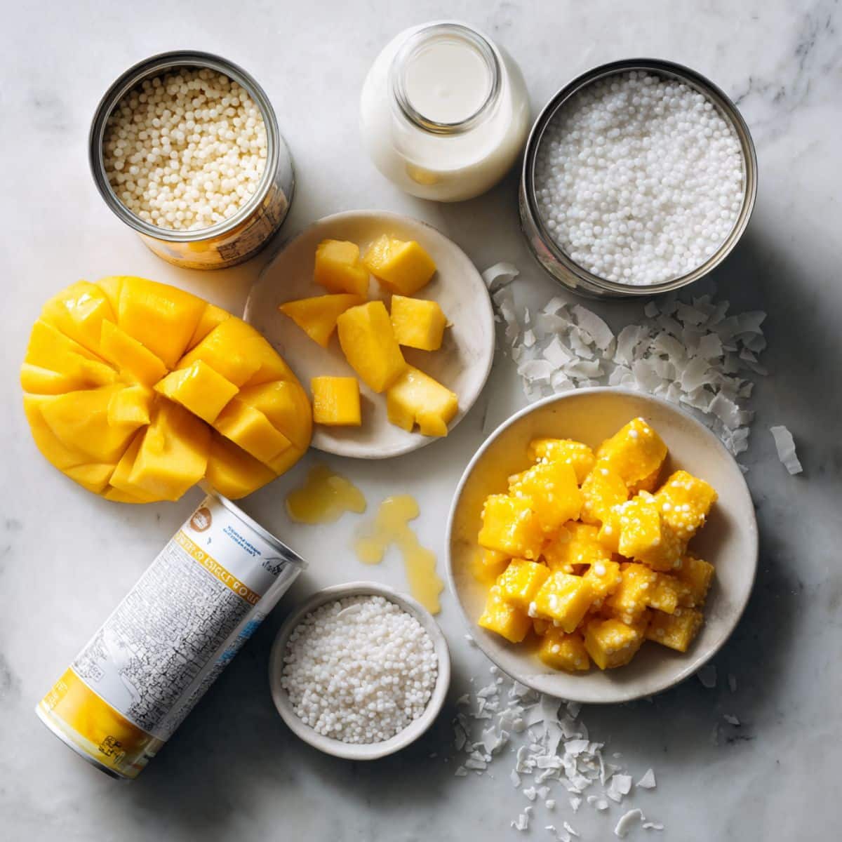Fresh mangoes, sago pearls, coconut milk and other ingredients for mango sago recipe on counter. Complete ingredient collection for homemade Hong Kong style tropical mango sago dessert.