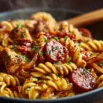 Steaming bowl of Cajun pastalaya with rotini pasta, juicy chicken, smoked sausage, and caramelized onions in a spicy tomato-based sauce.