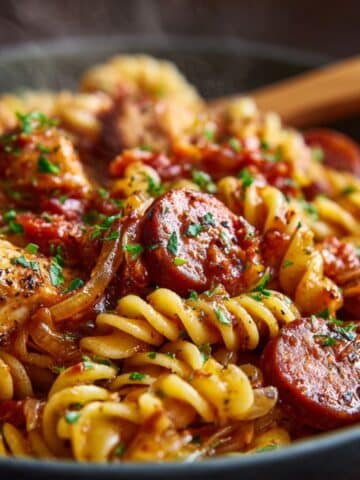 Steaming bowl of Cajun pastalaya with rotini pasta, juicy chicken, smoked sausage, and caramelized onions in a spicy tomato-based sauce.