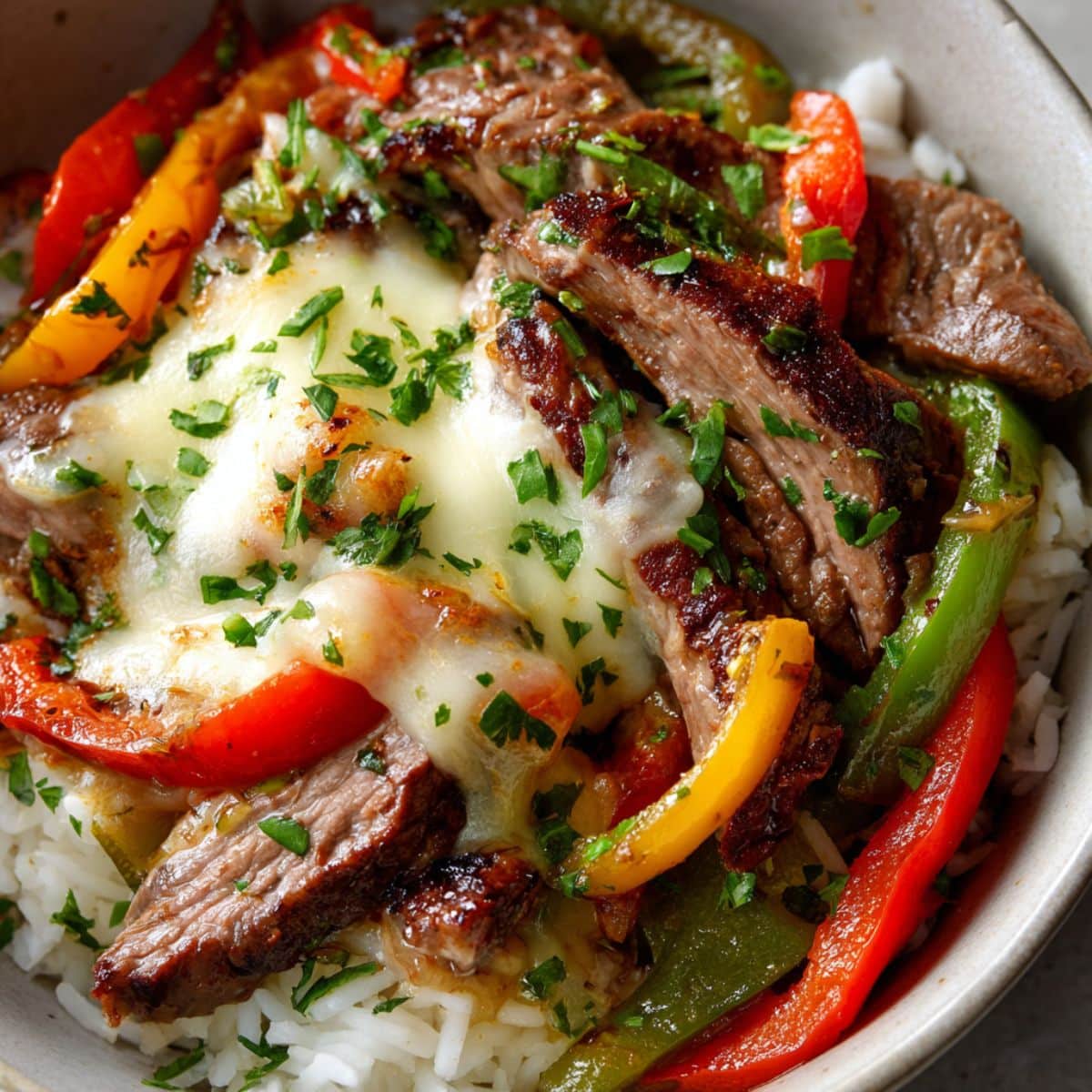Close-up of a Philly cheesesteak bowls topped with gooey provolone cheese, tender seared steak strips, sautéed bell peppers, and fresh parsley, all served over fluffy white rice in a homemade, comforting presentation.