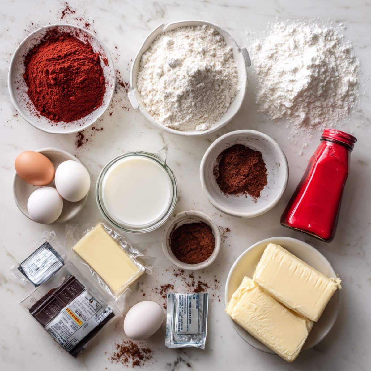All ingredients for red velvet cinnamon rolls including flour, cocoa powder, food coloring and cream cheese.