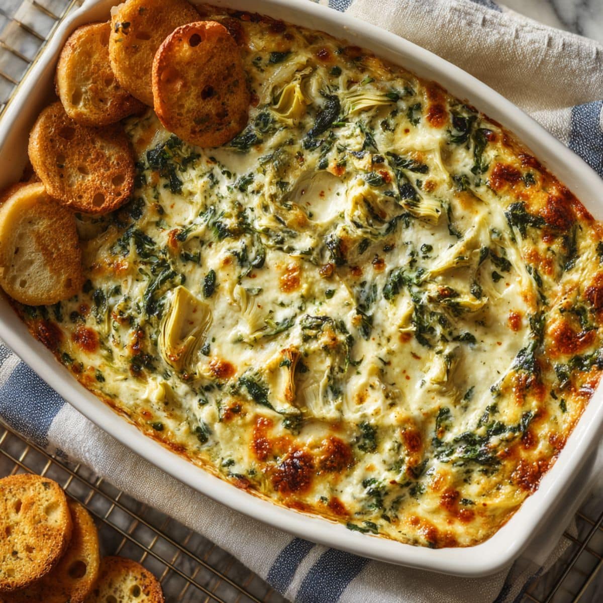 Creamy spinach artichoke dip baked to perfection in a white casserole dish, topped with melty cheese and surrounded by golden crostini crackers.