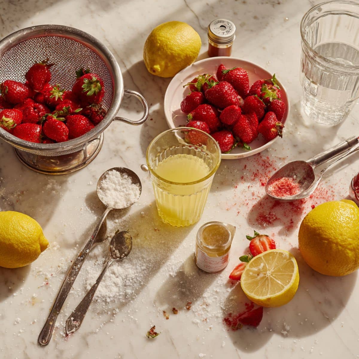 Fresh strawberries, lemons, and sugar ingredients for homemade strawberry lemonade spread on kitchen counter with prep mess.