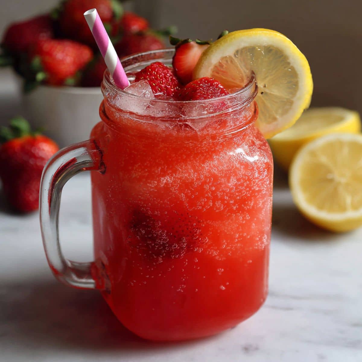 Bright red homemade strawberry lemonade in a mason jar, topped with fresh halved strawberries and a lemon slice, with a striped straw.