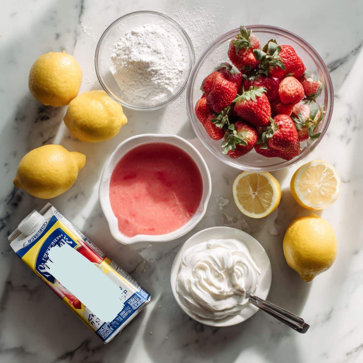 Fresh lemons, strawberries, condensed milk and cream ingredients for whipped pink lemonade recipe.