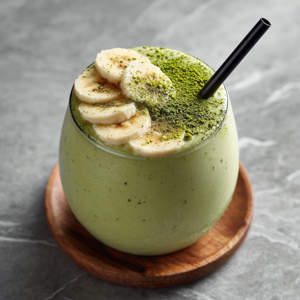 Creamy banana matcha smoothie in a round glass, topped with sliced bananas and matcha powder, served with a black straw on a wooden coaster over gray marble countertop.