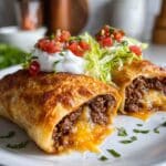Homemade beef and cheese chimichanga cut open showing melted cheese and seasoned meat filling.