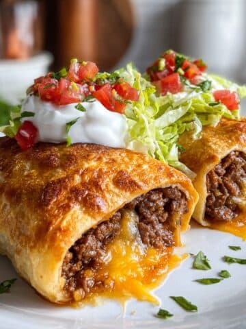 Homemade beef and cheese chimichanga cut open showing melted cheese and seasoned meat filling.