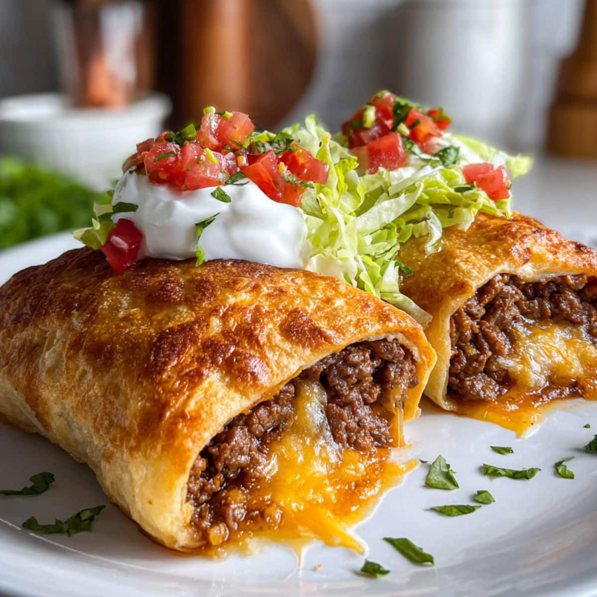 Homemade beef and cheese chimichanga cut open showing melted cheese and seasoned meat filling.