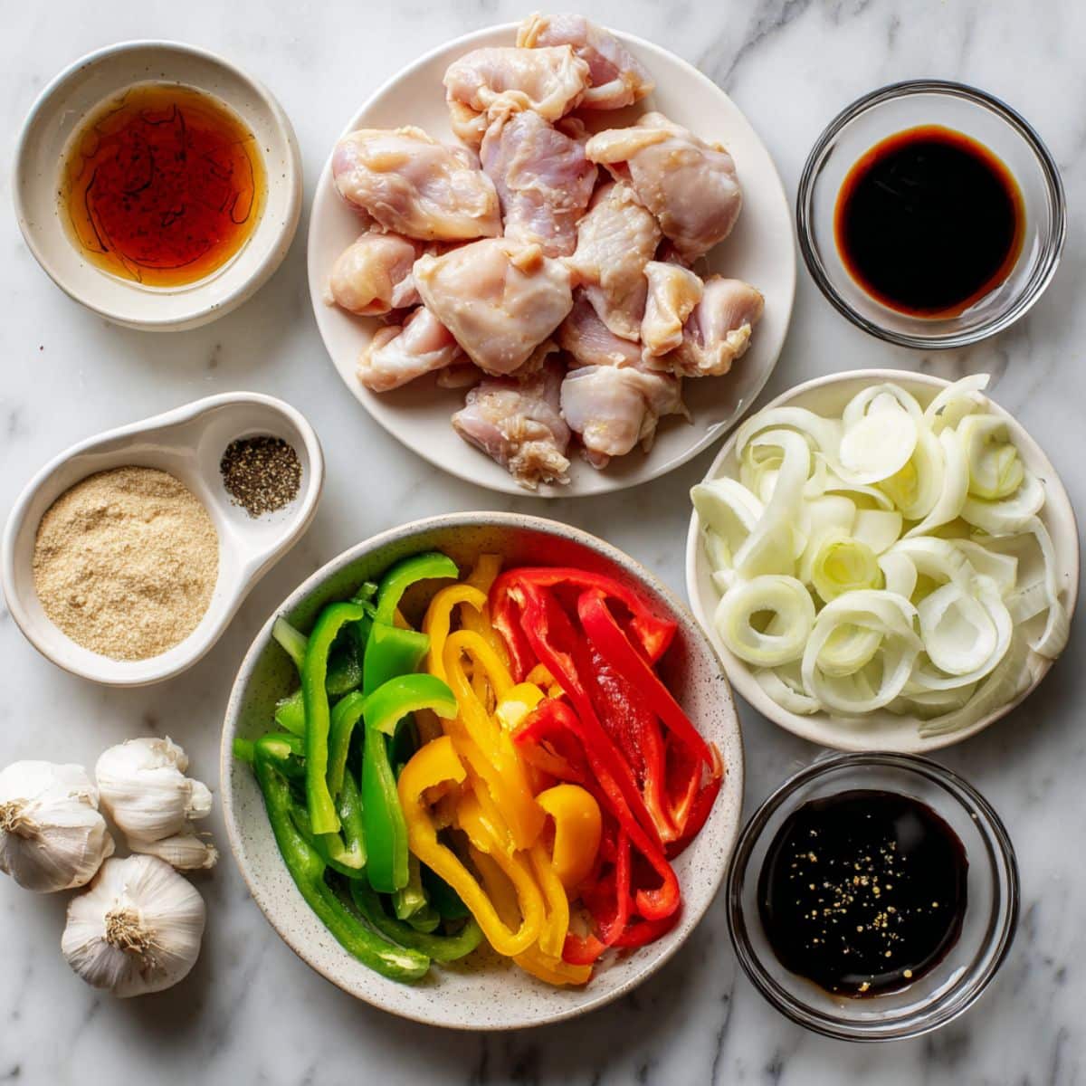 All ingredients for black pepper chicken on white counter including chicken, peppers, onion, sauces, and garlic.