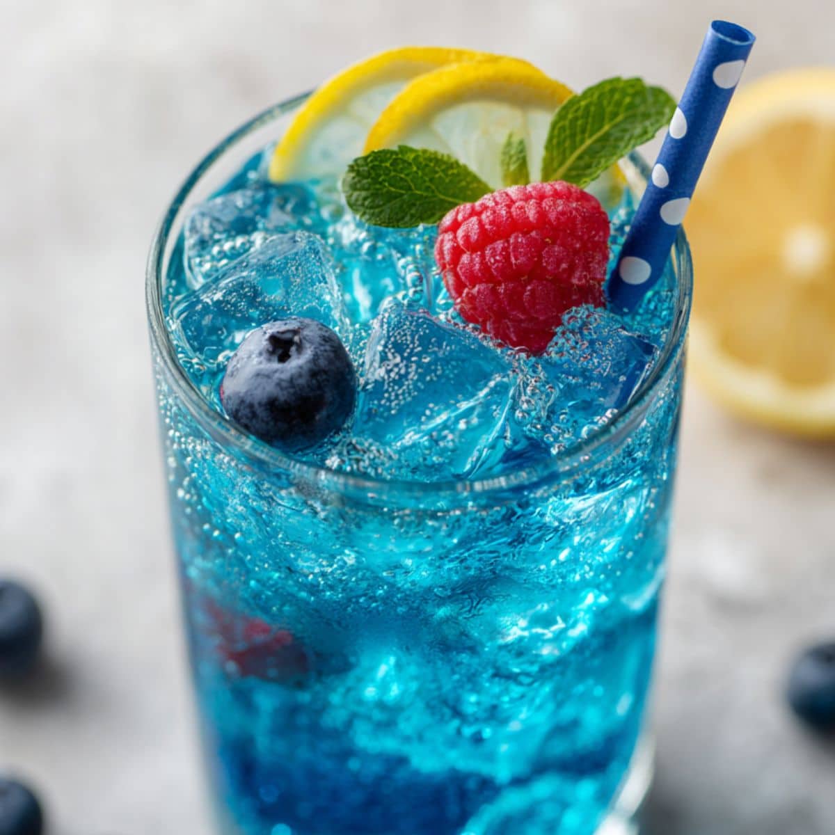 glass of electric blue raspberry lemonade with fresh raspberries, blueberries, lemon slices, and mint, served over ice with a blue polka-dot straw on a white marble surface.