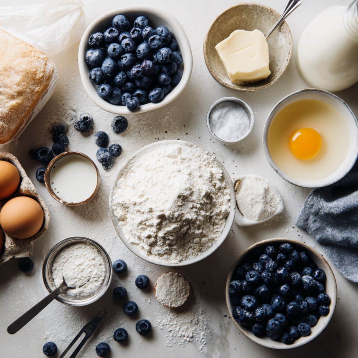 Fresh ingredients for homemade blueberry donuts including flour, fresh blueberries, and vanilla glaze components.