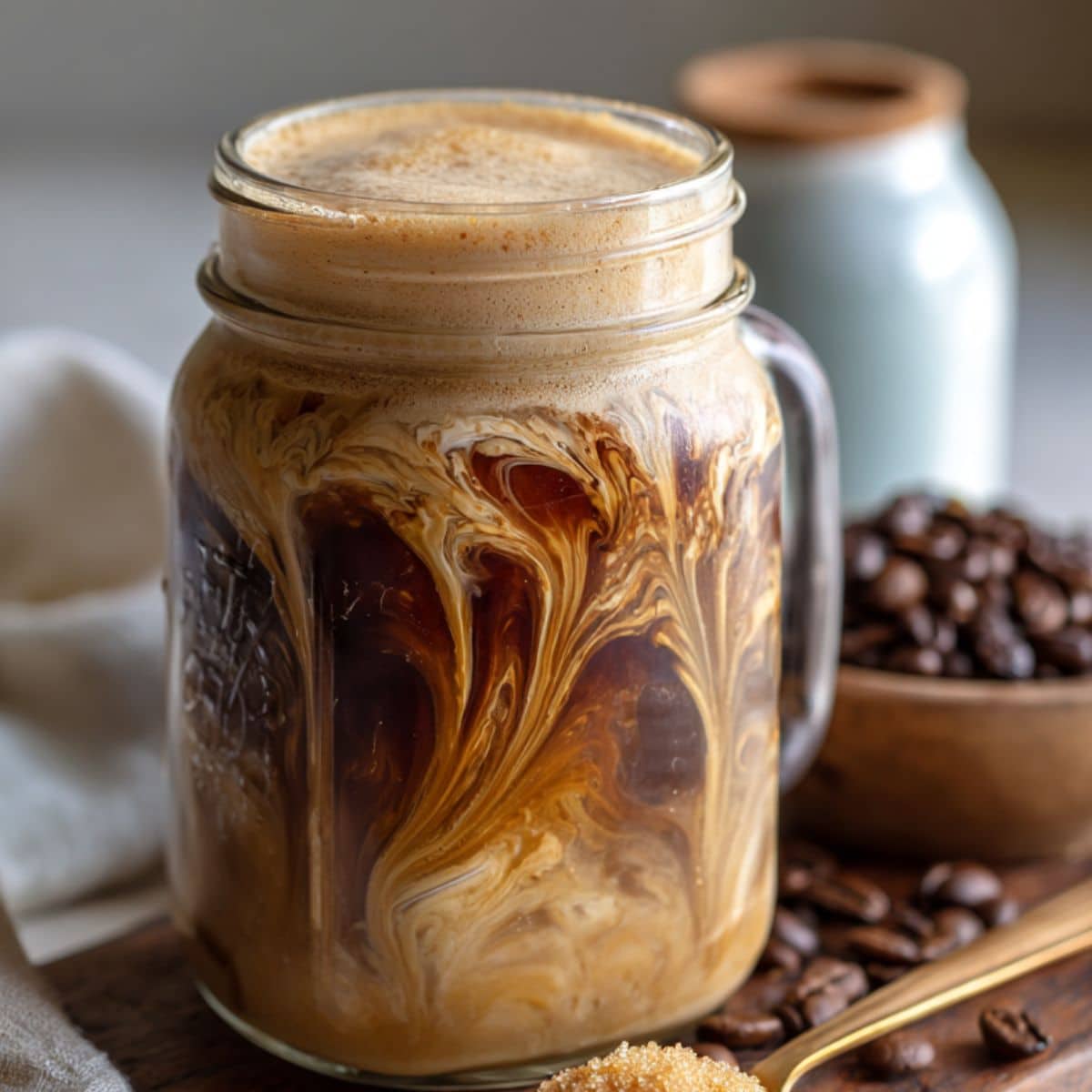 Side view of homemade brown sugar shaken espresso with layered swirl and frothy top in mason jar. Set on a linen towel with brown sugar and coffee beans.
