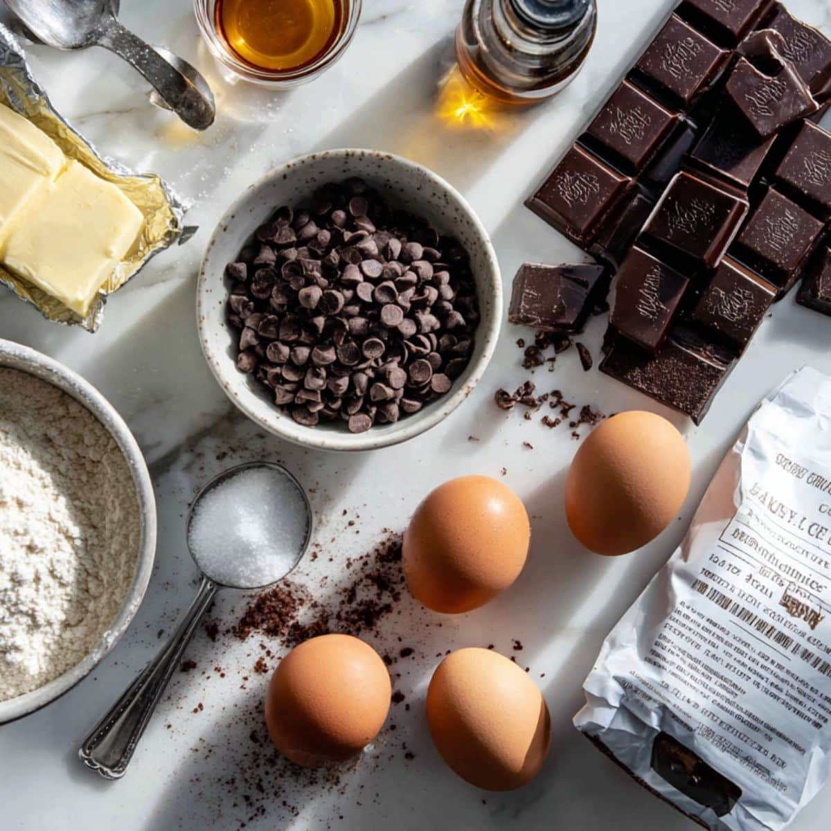 Fresh ingredients for homemade brownie bites including dark chocolate and mini chocolate chips.