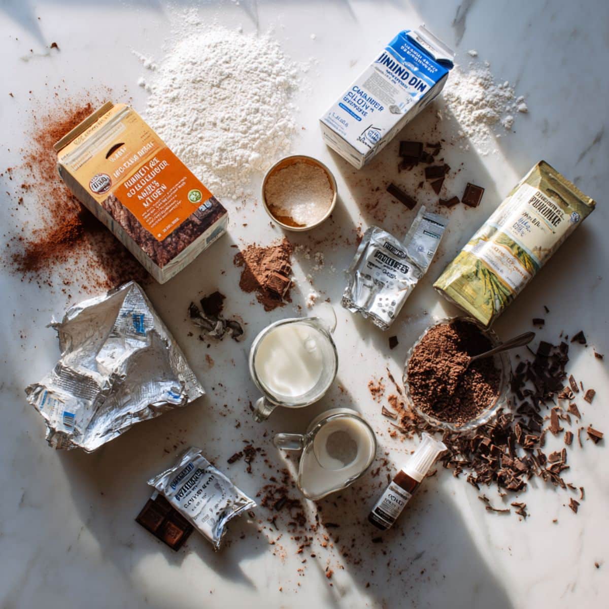 Complete ingredients for brownie refrigerator cake including brownie mix, chocolate pudding, and heavy cream. No-bake dessert ingredients setup for homemade layered chocolate refrigerator cake recipe.